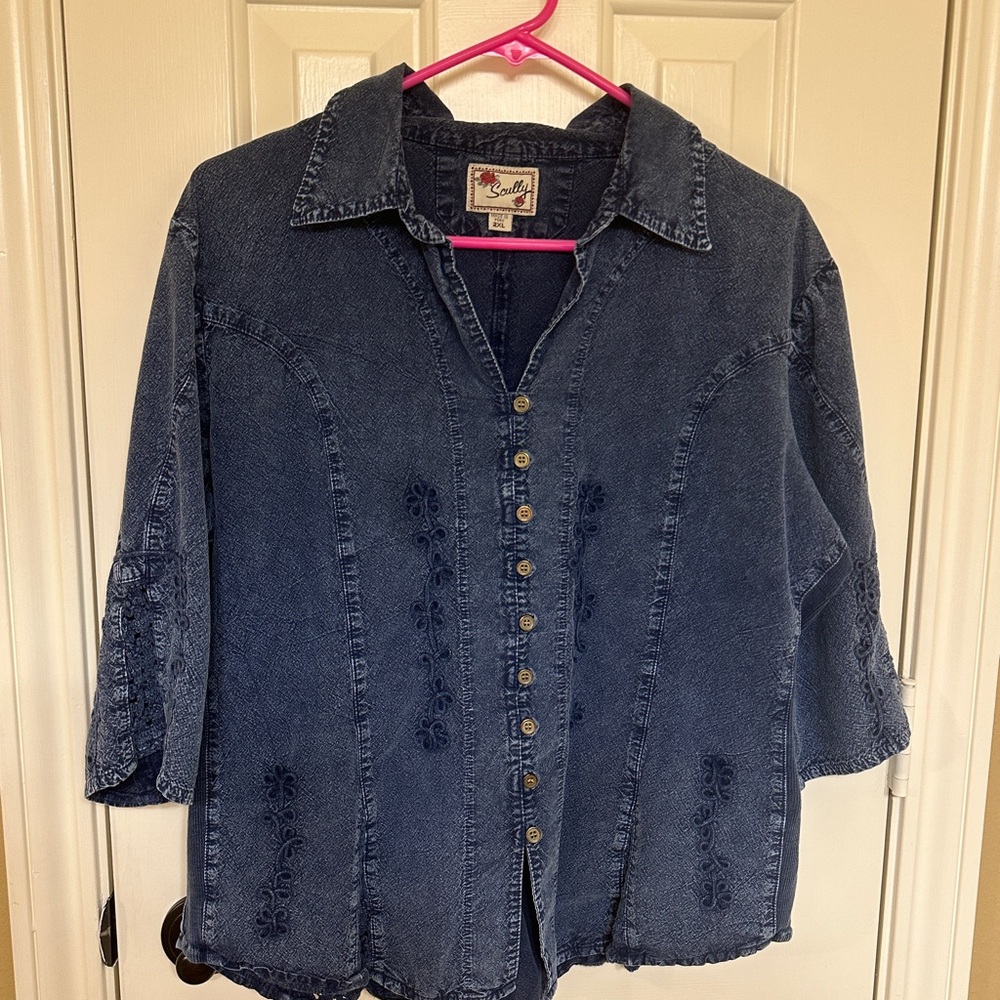 Western Scully Blue Denim Top with Embroidered Details
